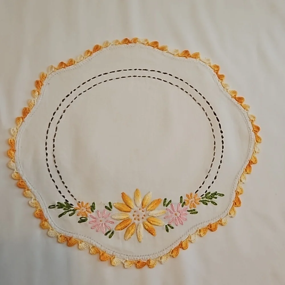 Hand Crafted Needlepoint Doily Circular Set-5 Botanical yellow floral farmhouse